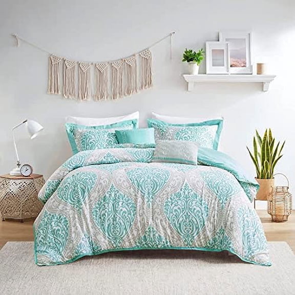 Senna Comforter Set Full/Queen Size - Aqua Blue/Gray, Damask – 5 Piece Bed Sets – All Season Ultra Soft Microfiber Teen Bedding - Great For Guest Room and Girls Bedroom