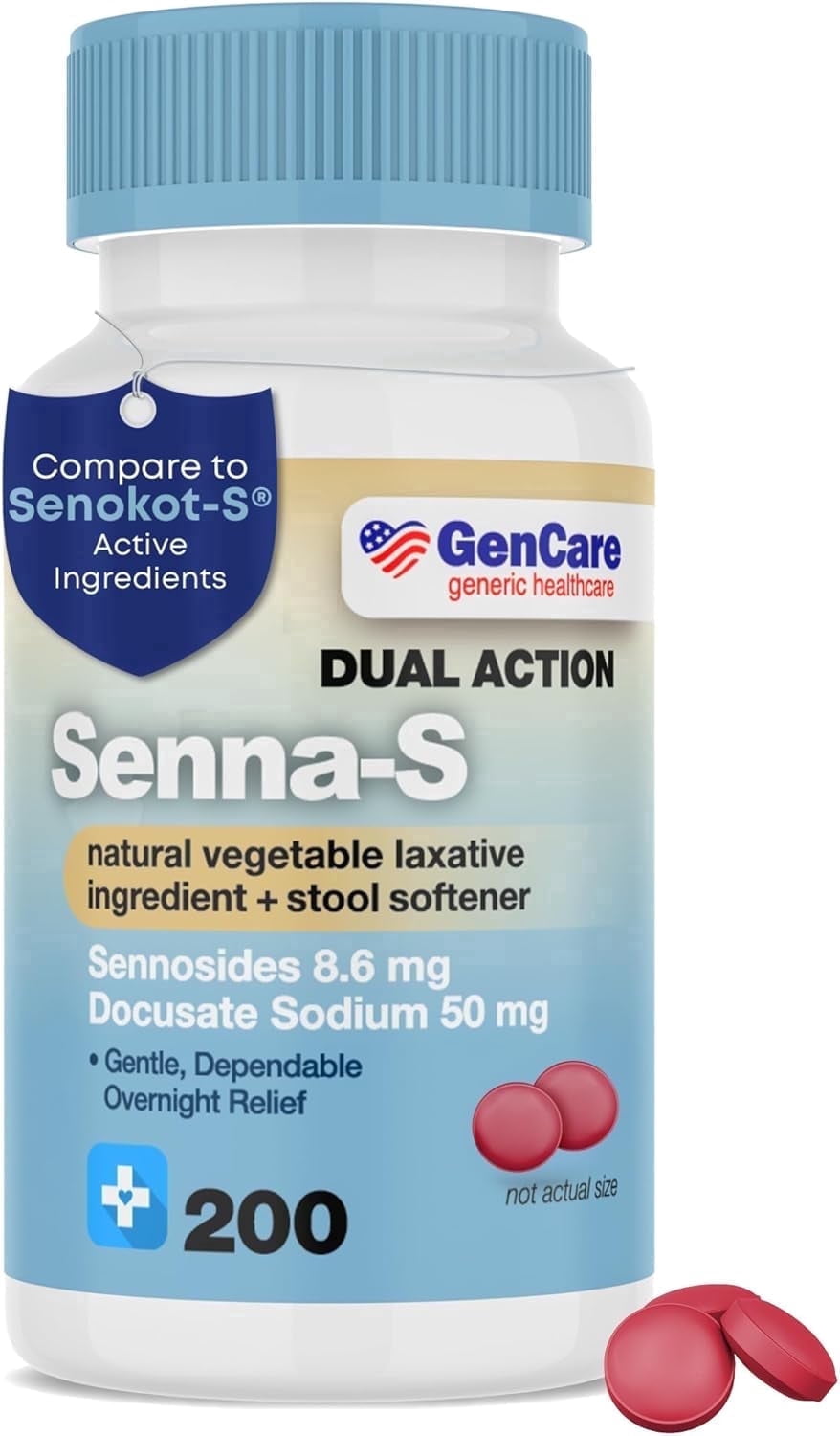 GenCare Senna Laxative Stool Softener Docusate Sodium 50mg & Sennosides 8.6mg, 200 Tablets