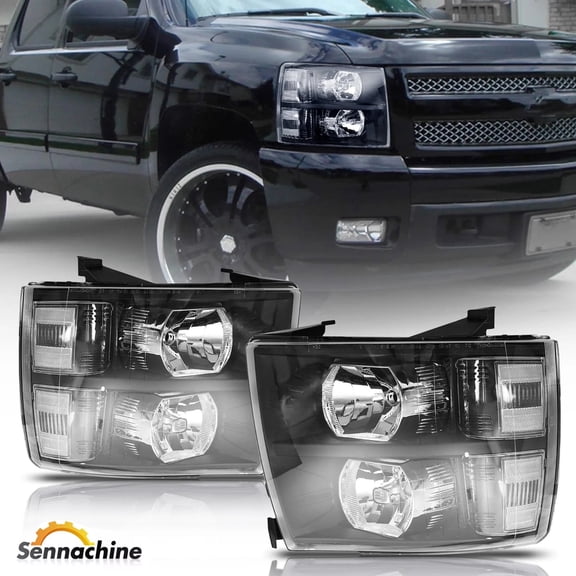 Sennachine A and P Headlight Assembly Kit-Compatible with 2007-2013 Silverado 1500 2500 3500-Black Housing Clear Reflector Driver and Passenger Side