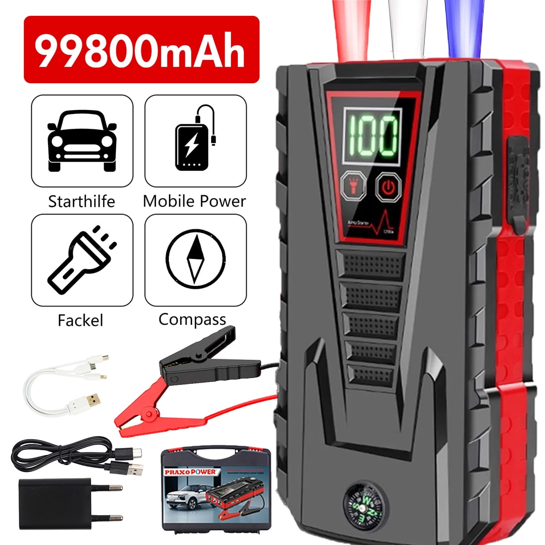 Multi-functional Car Jump Starter, 5000A Peak 99800mAh Battery Jump Starter, LCD Display & 3 LED Modes, Portable Power Bank Charger