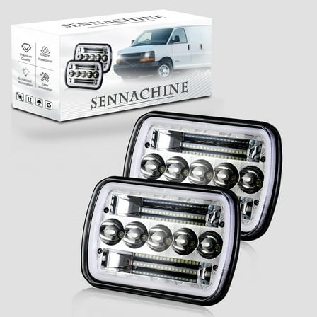 Sennachine Pair for Chevy Express Cargo Van 1500 2500 3500 Pair 7x6 5x7 LED Headlights Hi/Lo DRL