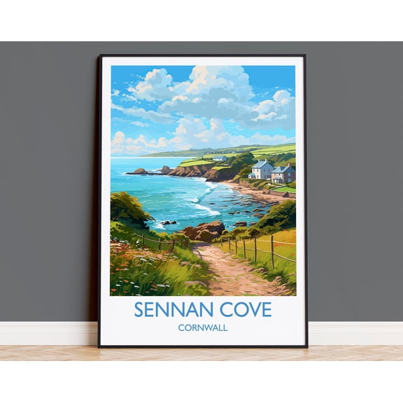 Sennan Cove Travel Poster, Travel Print of Sennan Cove, England, Cornwall Art, Cornwall Gift, Wall Art Print, 8x12 UNFRAMED