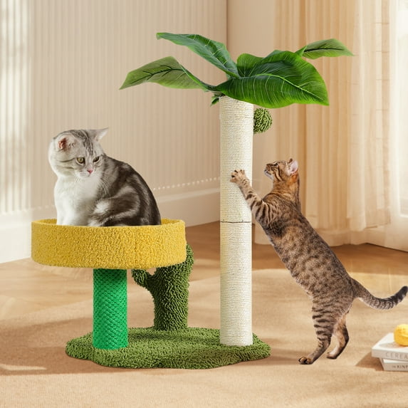 Sennaux 25.5inch Cat Tree with Green Leaves Cat Scratching Post Cat House