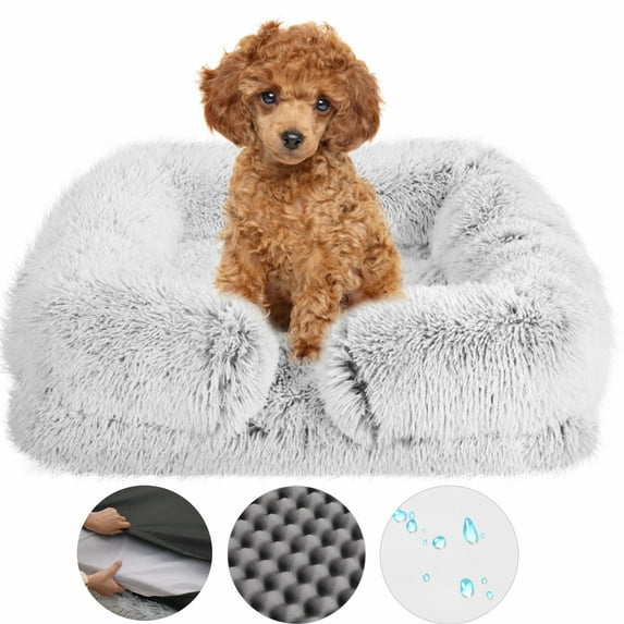 Sennaux Calming Dog Bed for Cats Puppy, Cozy Plush Pet Bed with Removable Washable Cover, S, Gray