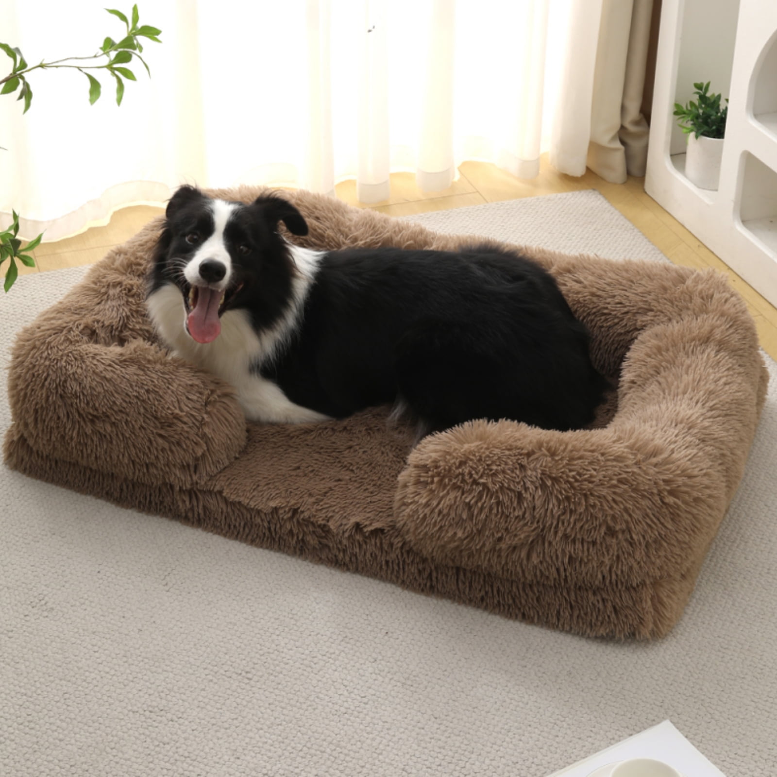 Sennaux Calming Dog Bed for Large Dogs Cats, Cozy Soft Plush Pet Bed Washable,XL,Khaki