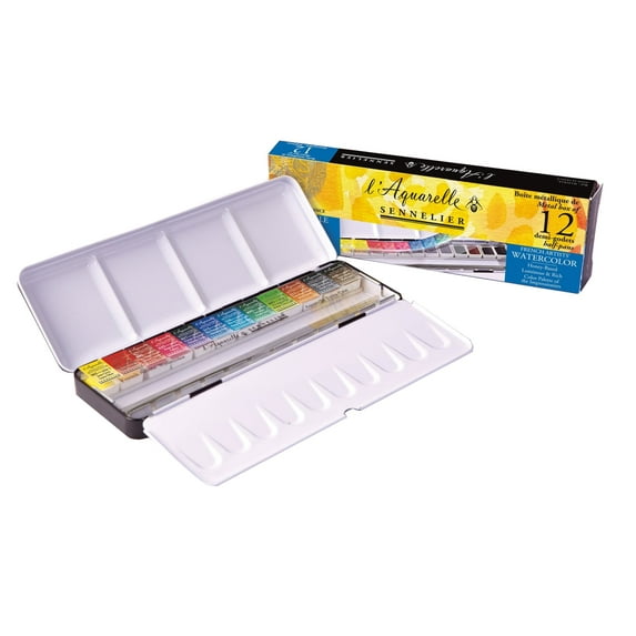 Sennelier French Artists' Watercolor Metal Tin Set, Half Pan, 12-Colors