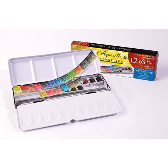 Sennelier French Artists' Watercolor Metal Tin Set, Half Pan, 18-Colors