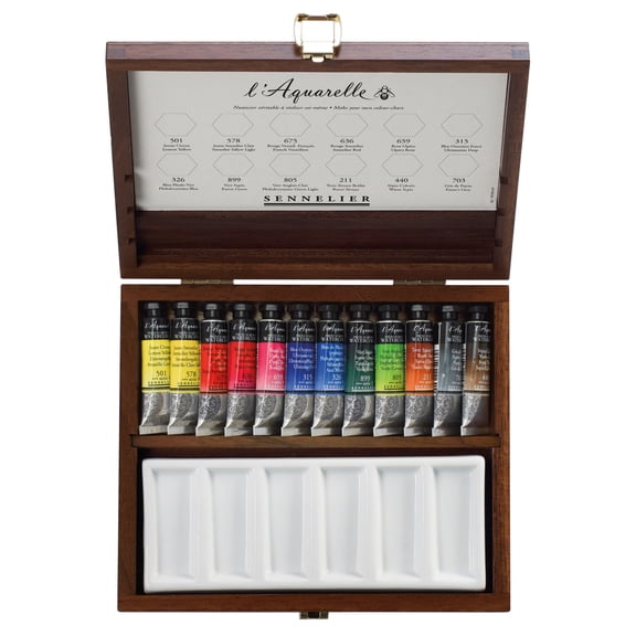 Sennelier French Artists' Watercolor Walnut Box Set, 10ml Tubes, 12-Colors