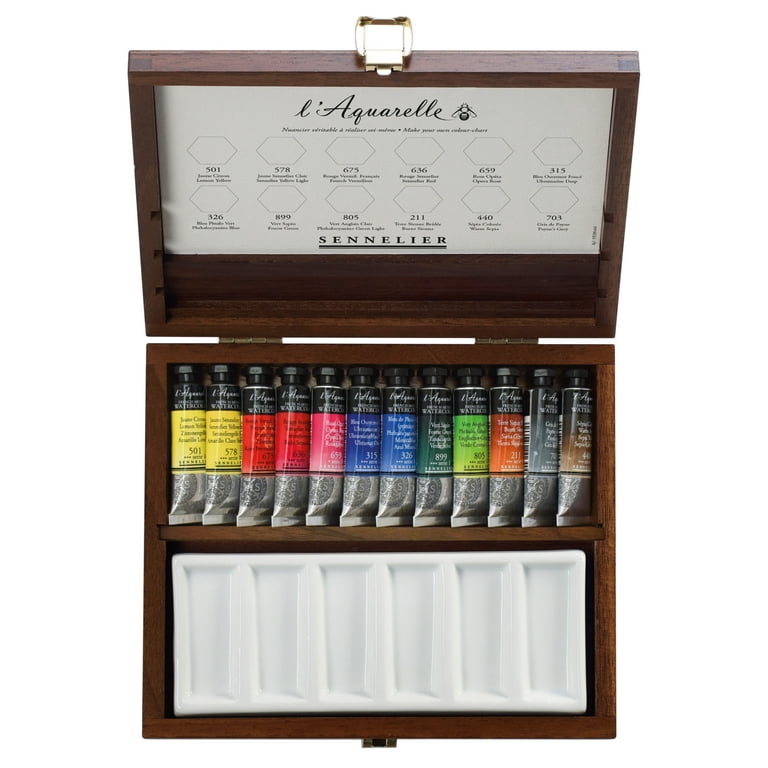 Sennelier French Artists' Watercolor Walnut Box Set, 10ml Tubes, 12-Colors  
