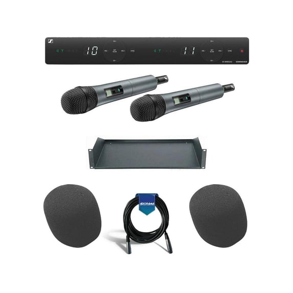 Sennheiser Wireless Dual-Vocal Set Includes 2x SKM 825-XSW-A Handheld Mics and EM-XSW 1 Dual-Channel Stationary Receiver :548 to 572 MHz - Bundle With Odyssey ARS1 1U Rack Shelf, 2x On-Stage Foam,