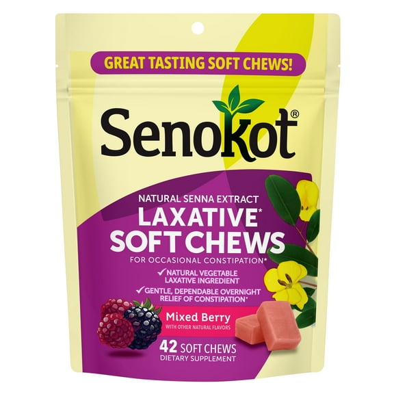 Senokot Laxative Soft Chews, Overnight Constipation Relief with Senna Extract, 42 Mixed Berry Chews