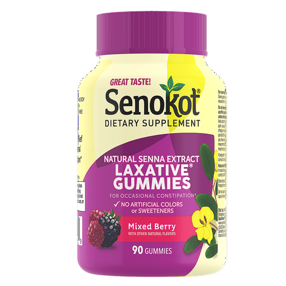 Senokot Dietary Supplement Laxative Gummies, Natural Senna Extract, Gentle, Overnight Relief from Occasional Constipation, Mixed Berry Flavor, 90 Count