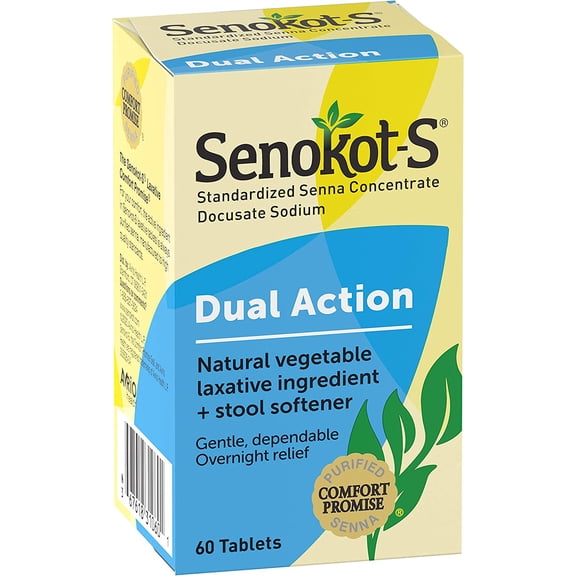 Senokot-S Dual Action 60 Tablets, Natural Vegetable Laxative Ingredient Plus Stool Softener Tablets, Gentle Dependable Overnight Relief Of Occasional Constipation White