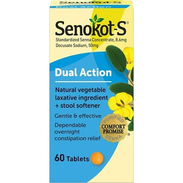 Senokot-S Dual Action, 60 Tablets, Vegetable Laxative Plus Stool Softener Relief of Constipation