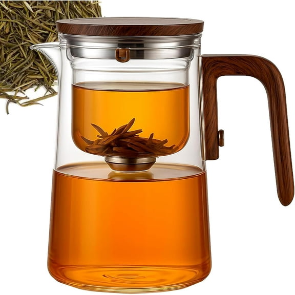 Senomi Infusion Glass Pot, Magnetic Tea Pot with Infusers for Loose Tea, Water Separation Glass Teapot with Wooden Handle, One-Click Tea Drinking for Loose Tea & Blooming Tea