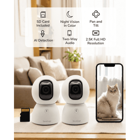 SensForge 2.5K Indoor Pan-Tilt Security Camera, 360° Dual-Band 2.4/5GB Wi-Fi Camera for Home, AI Human & Pet Detection, 64GB SD Card Included, Two-Way Talk, No Subscription Required