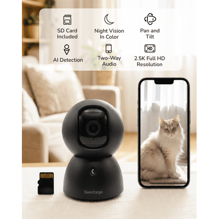 SensForge 2.5K Indoor Pan-Tilt Security Camera, 360° Dual-Band 2.4/5GB Wi-Fi Camera for Home, Smart AI Human & Pet Detection, 64GB SD Card Included, Two-Way Talk, No Subscription Required