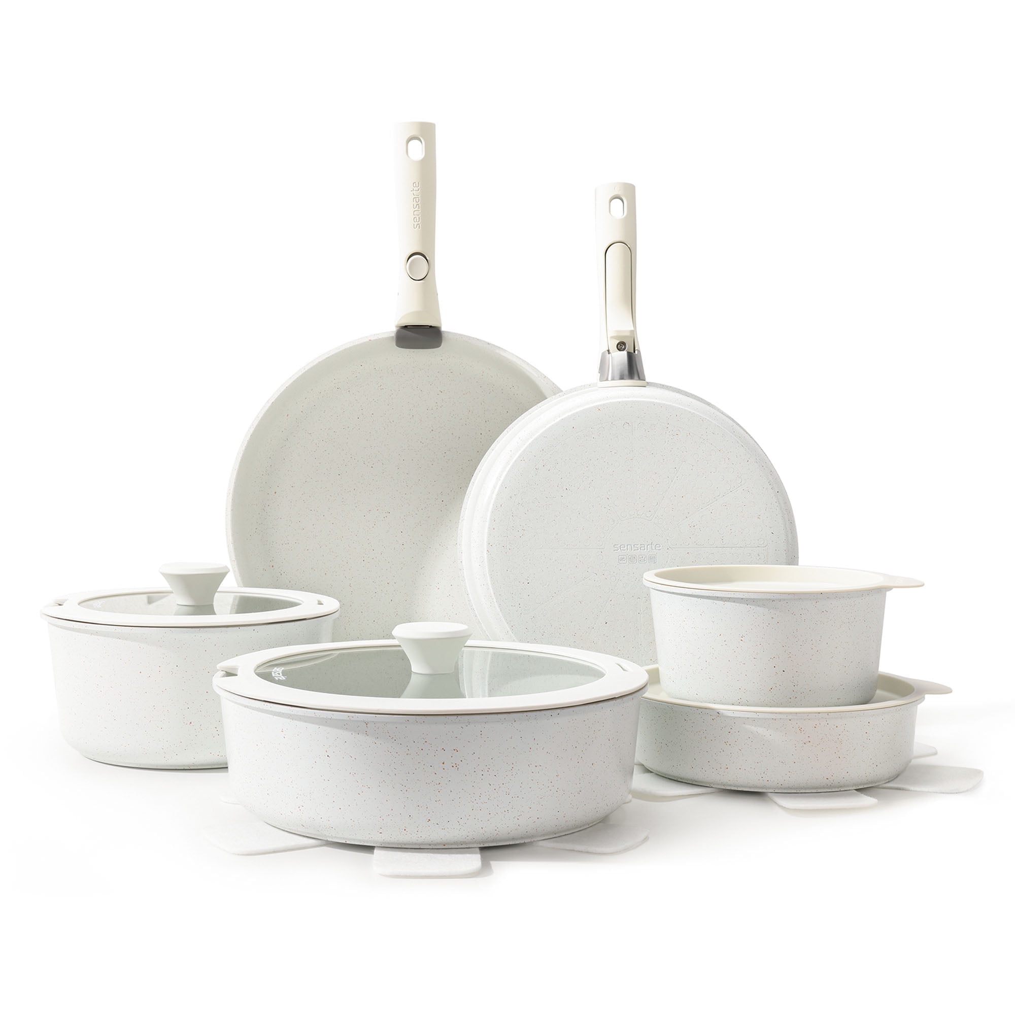 SENSARTE Nonstick Cookware Sets with Detachable Handles, 17Pcs Granite Pots and Pans Set, Induction Kitchen Cookware Sets Stackable White
