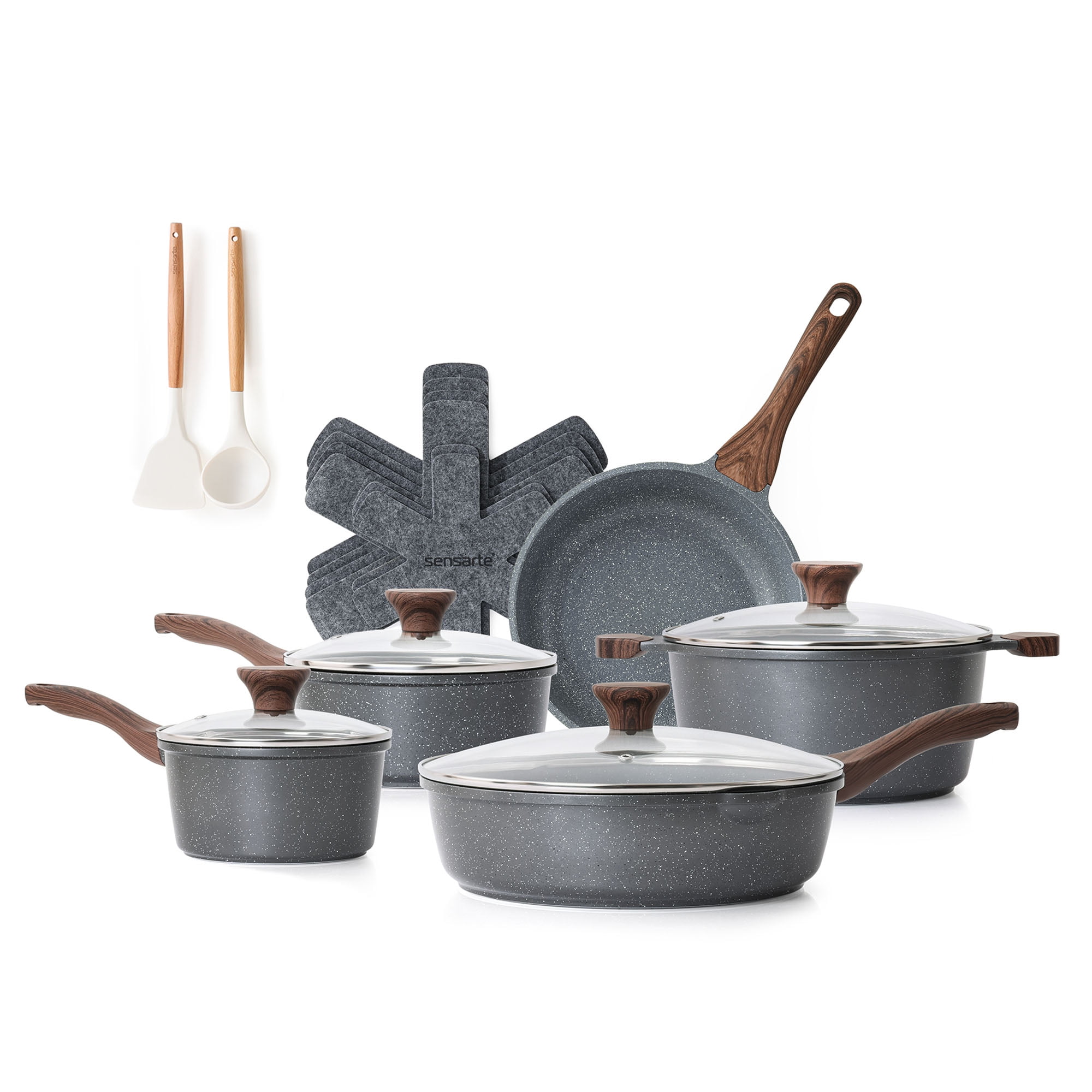 SENSARTE Nonstick Pots and Pans Set, 17 Pieces Granite Cookware Set Gray, Induction Compatible, Easy to Clean