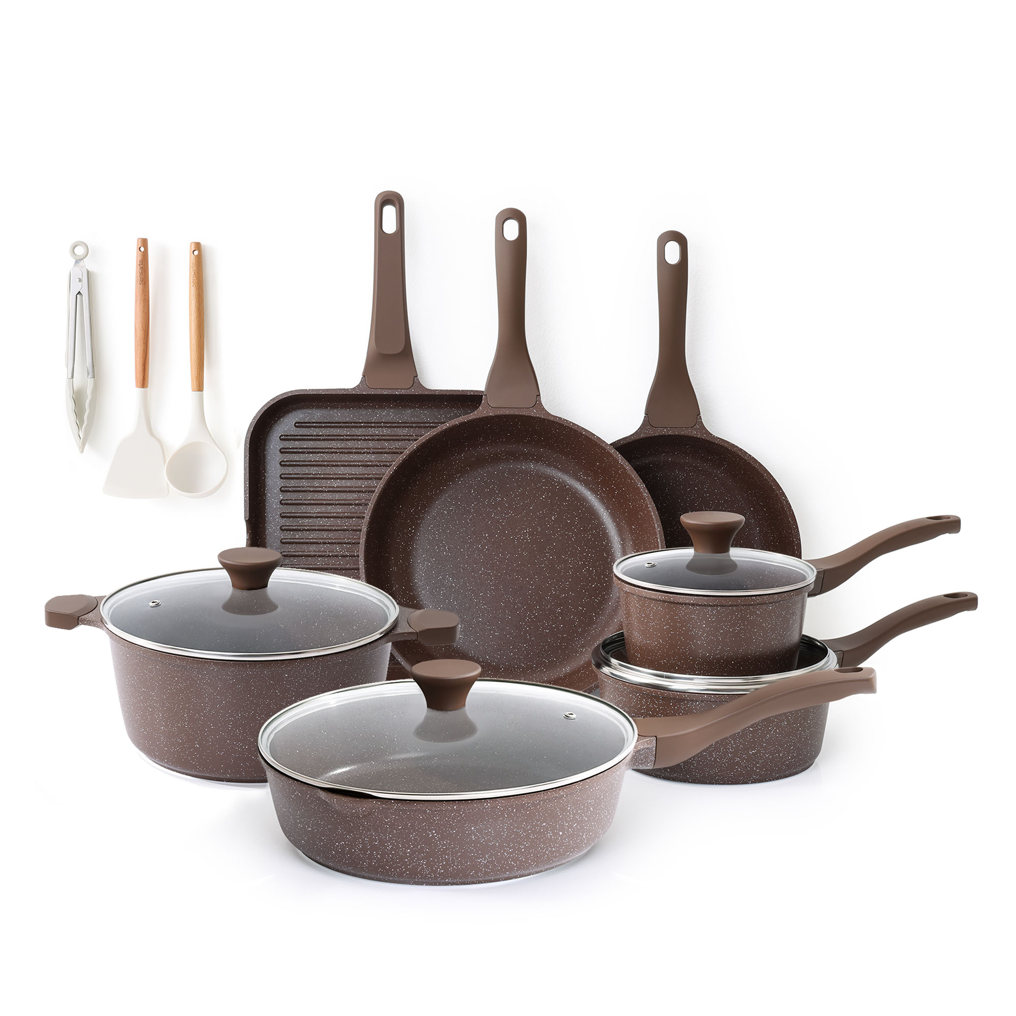 SENSARTE Nonstick Pots and Pans Set, 21 Pieces Non Stick Granite Cookware Set Brown, Induction Kitchen Cookware Sets Toffee Brown