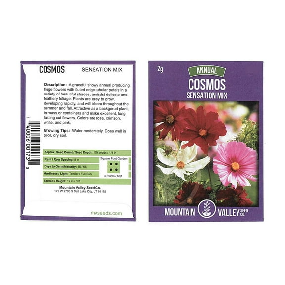 Sensation Mix Cosmos Flower Seeds - 2 Gram Packet - Annual Flower Garden Seeds - Rose, Crimson, White & Pink Blend