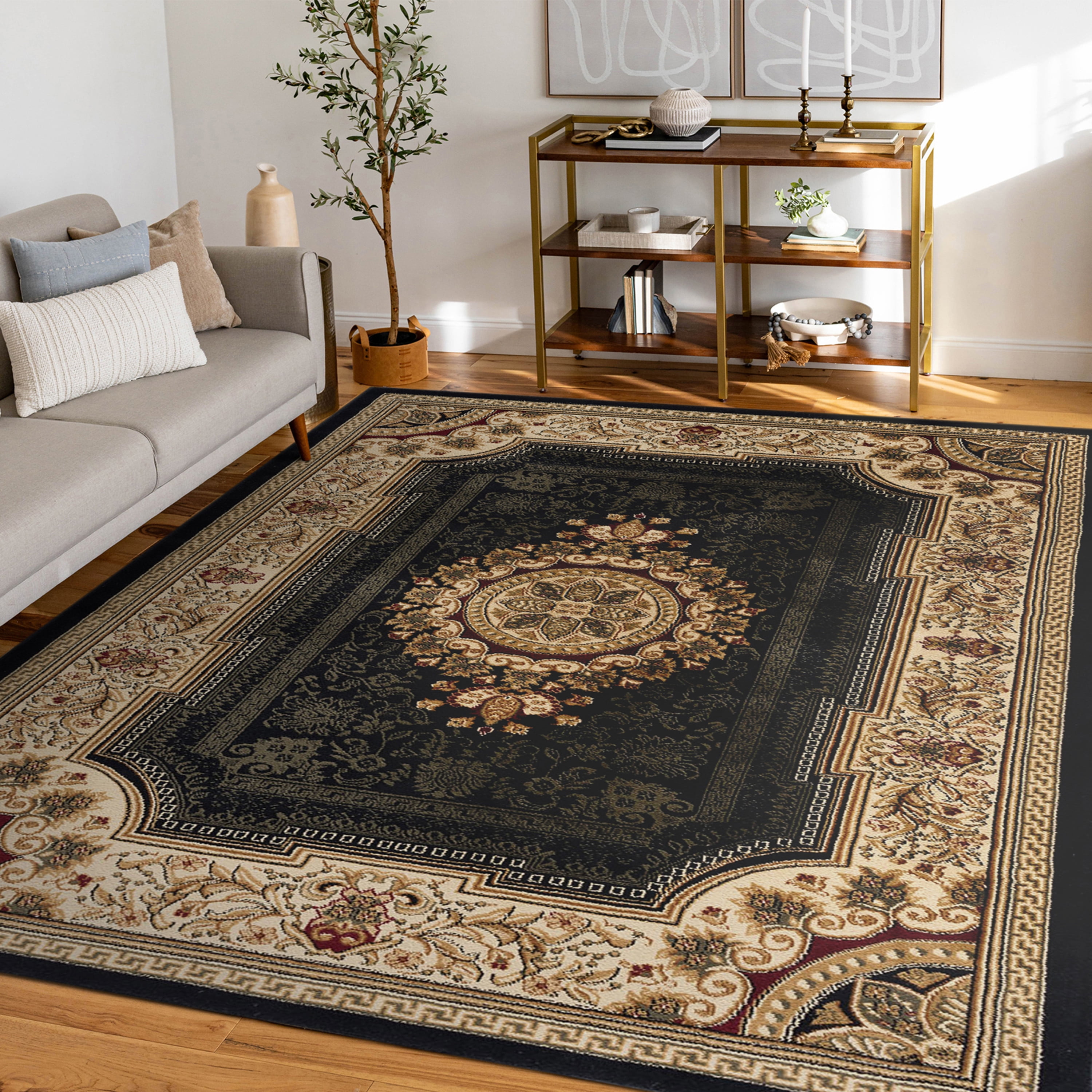 Sensation Traditional 10.6' x 14.6' Black and Beige Polypropylene Indoor Area Rug
