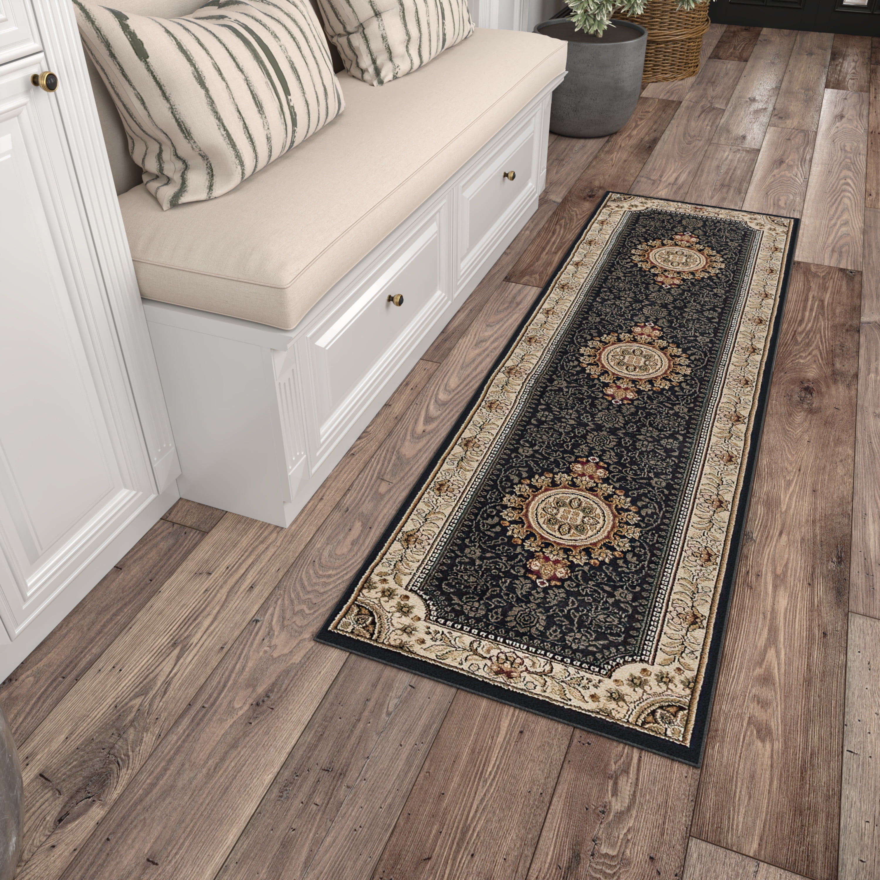 Sensation Traditional 2' x 10' Black and Beige Polypropylene Indoor Area Rug