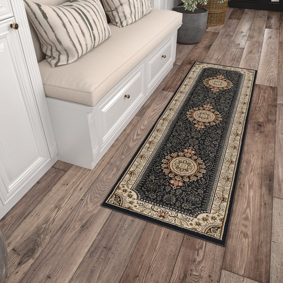 Sensation Traditional 2' x 10' Black and Beige Polypropylene Indoor Area Rug