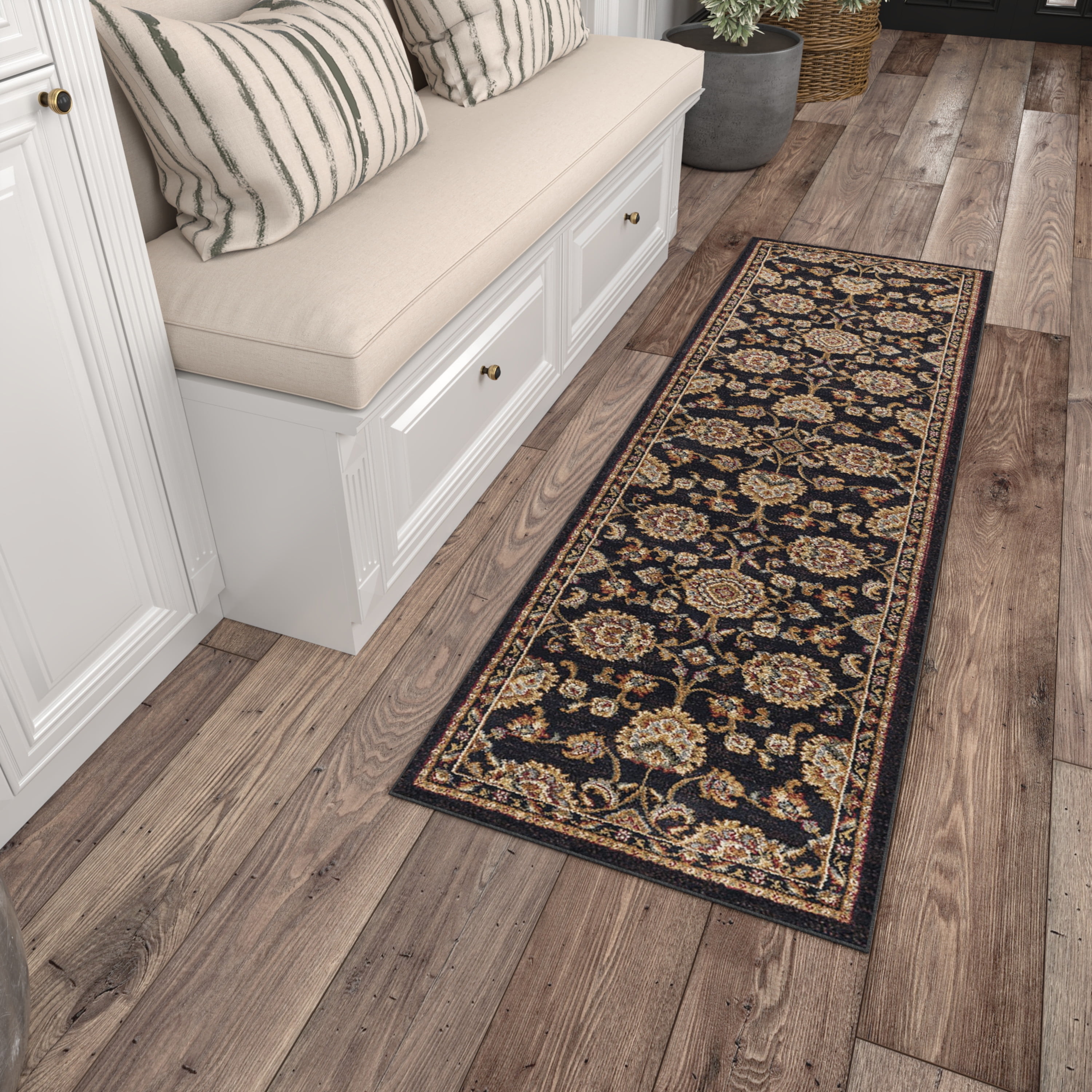 Sensation Traditional 2' x 10' Black and Gold Polypropylene Indoor Area Rug