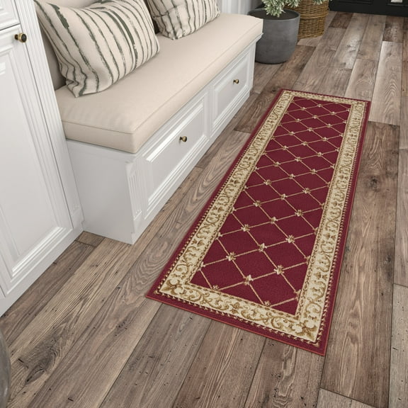 Sensation Traditional 2' x 10' Red and Beige Polypropylene Indoor Area Rug