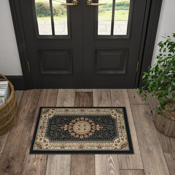 Sensation Traditional 2' x 3' Black and Beige Polypropylene Indoor Area Rug