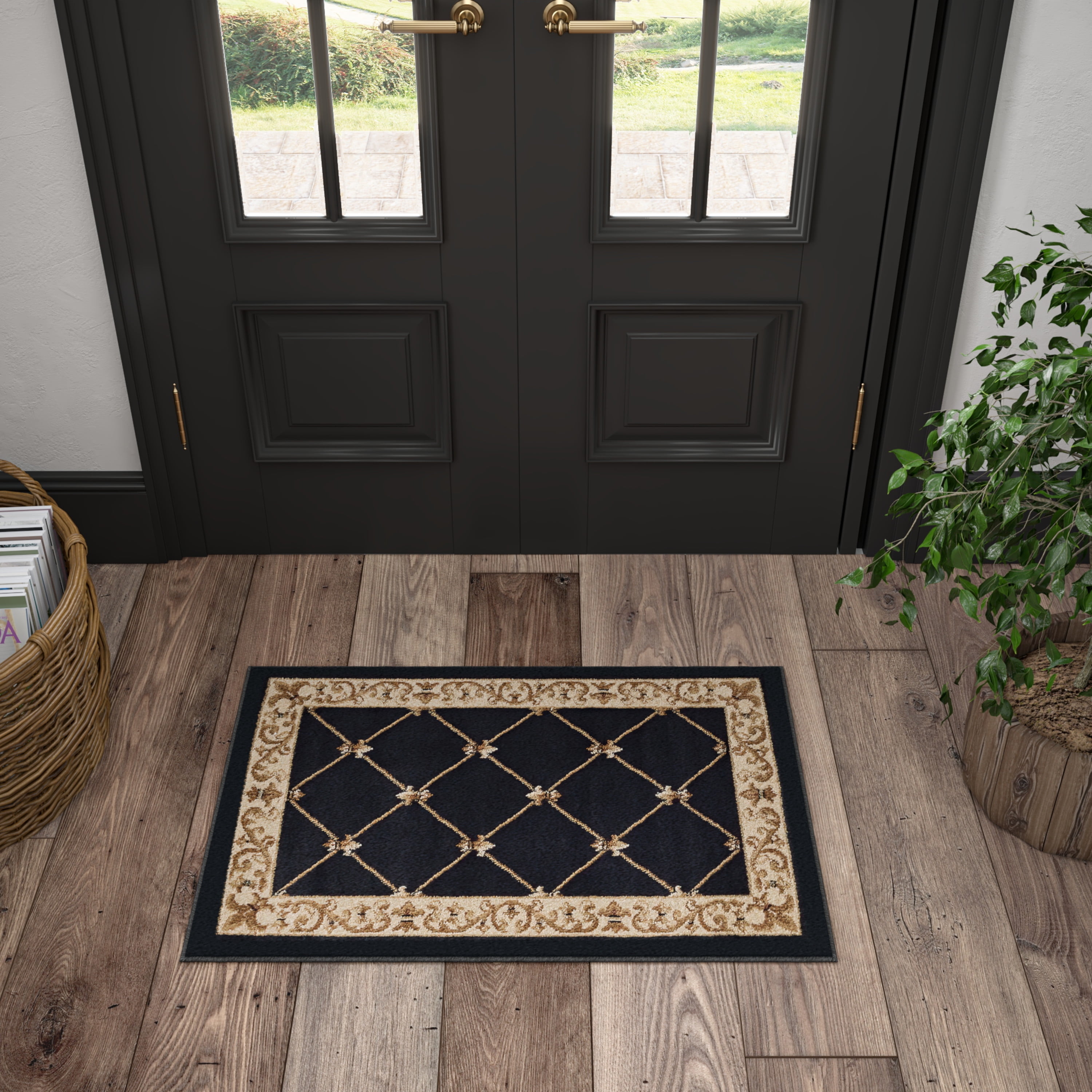 Sensation Traditional 2' x 3' Black and Beige Polypropylene Indoor Area Rug