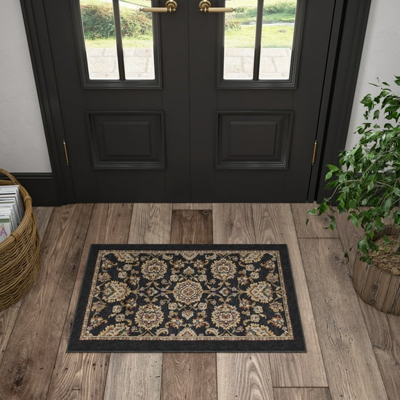 Sensation Traditional 2' x 3' Black and Gold Polypropylene Indoor Area Rug