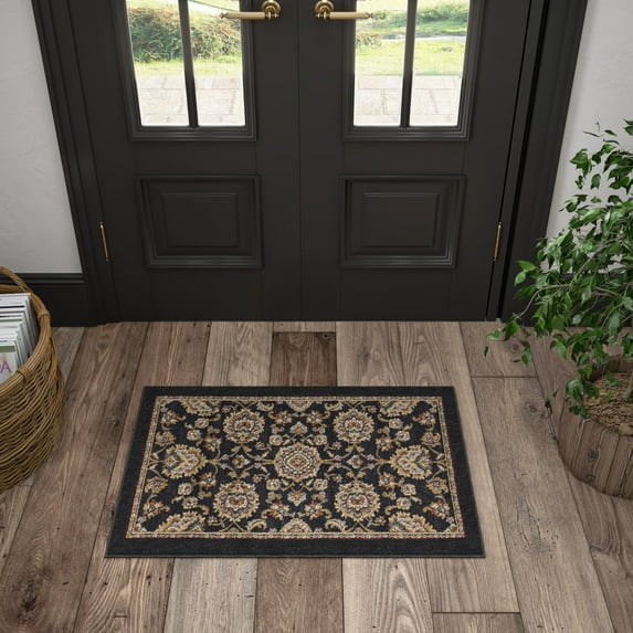 Sensation Traditional 2' x 3' Black and Gold Polypropylene Indoor Area Rug