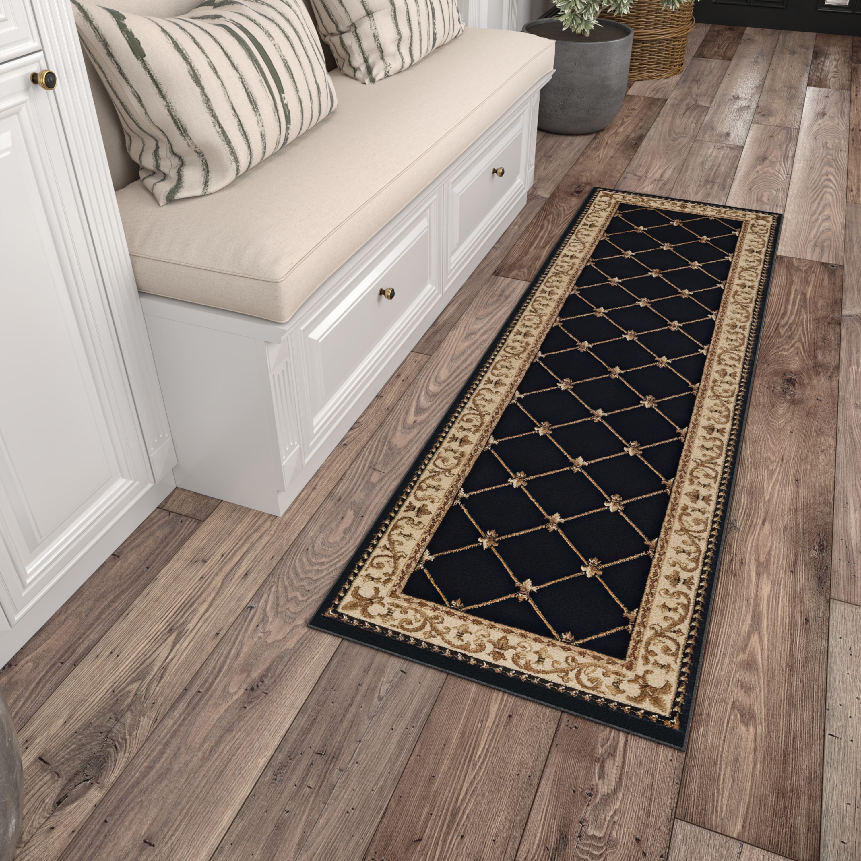 Sensation Traditional 2' x 7' Black and Beige Polypropylene Indoor Area Rug