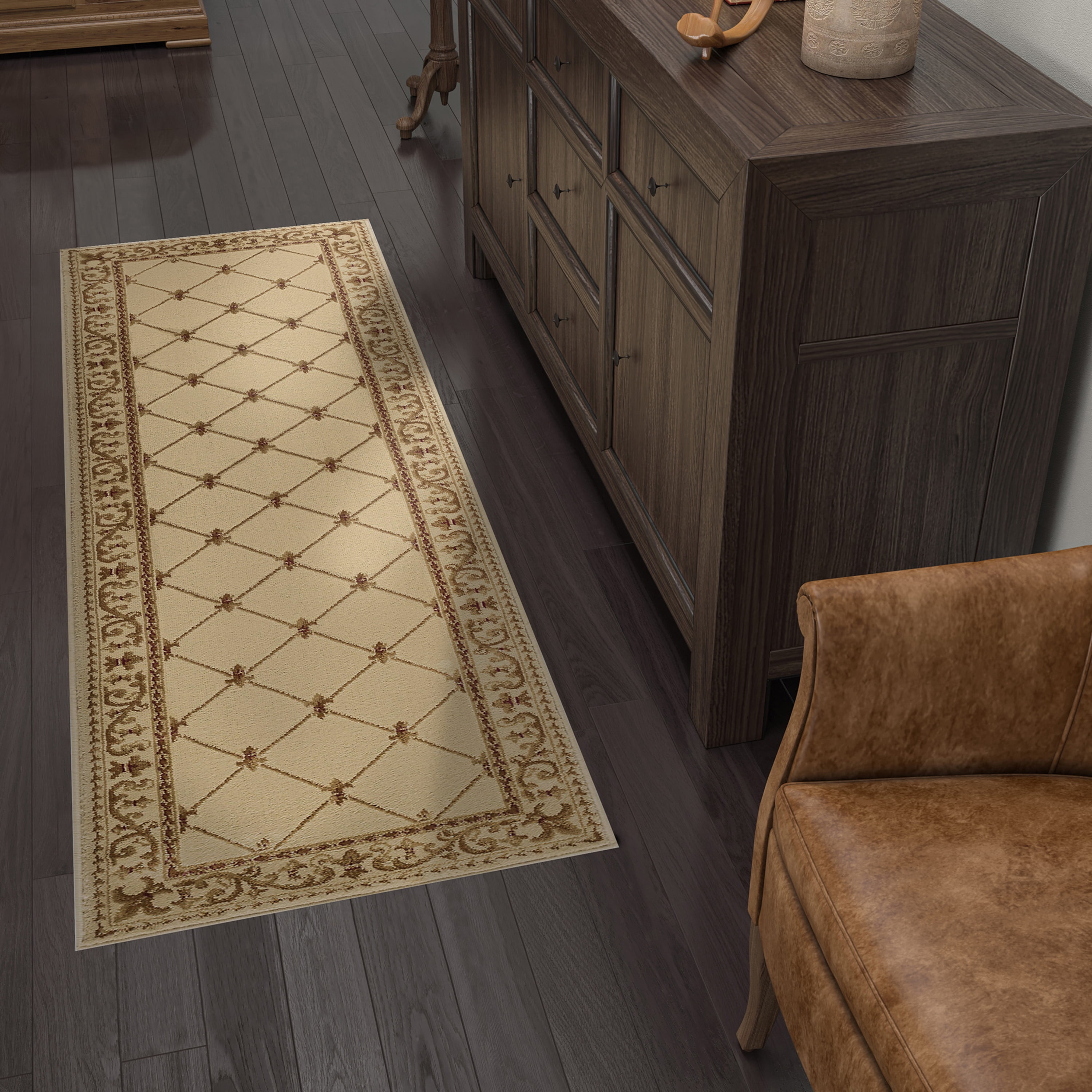 Sensation Traditional 2' x 7' Ivory and Beige Polypropylene Indoor Area Rug