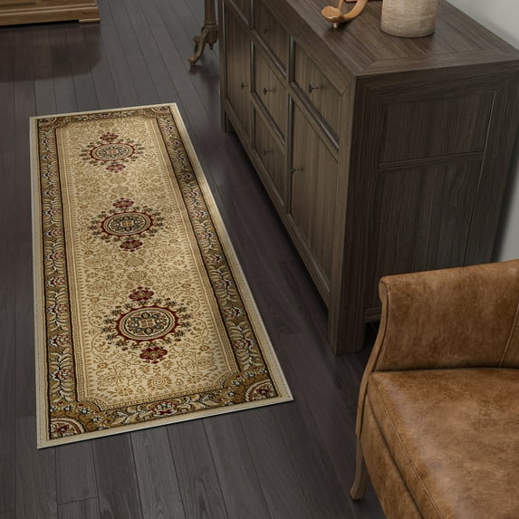 Sensation Traditional 2' x 7' Ivory and Scarlet Polypropylene Indoor Area Rug