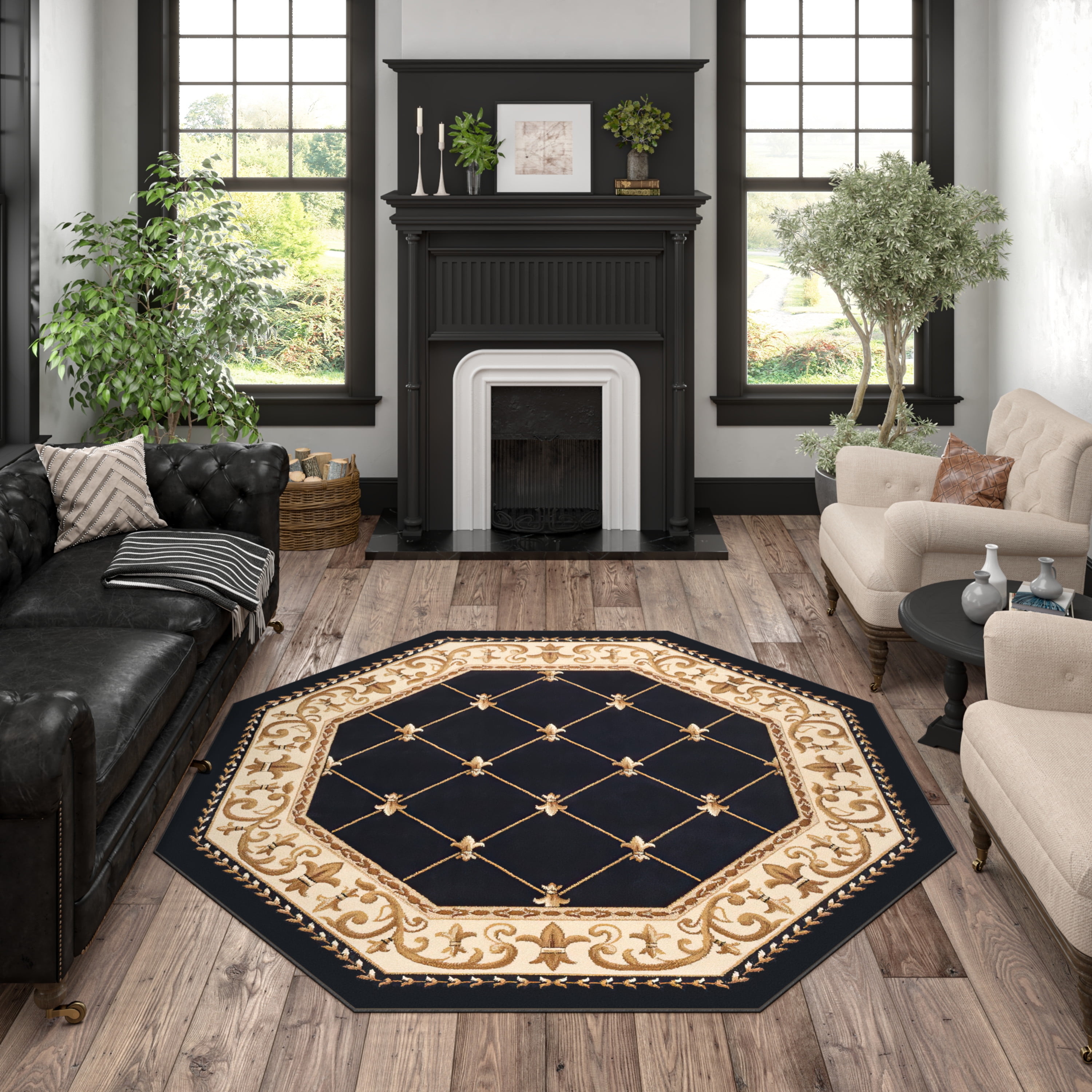 Sensation Traditional 5' Octagon Black and Beige Polypropylene
