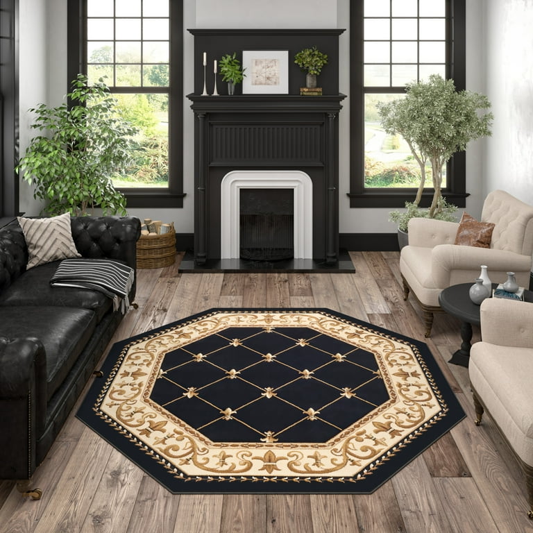 Sensation Traditional 5' Octagon Black and Beige Polypropylene