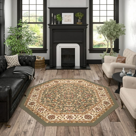 Sensation Traditional 5' Octagon Green and Beige Polypropylene Indoor Area Rug