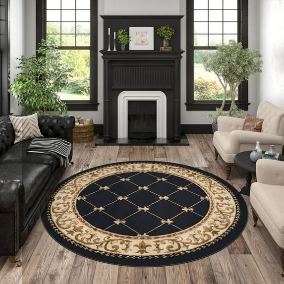 Sensation Traditional 5' Round Black and Beige Polypropylene Indoor Area Rug