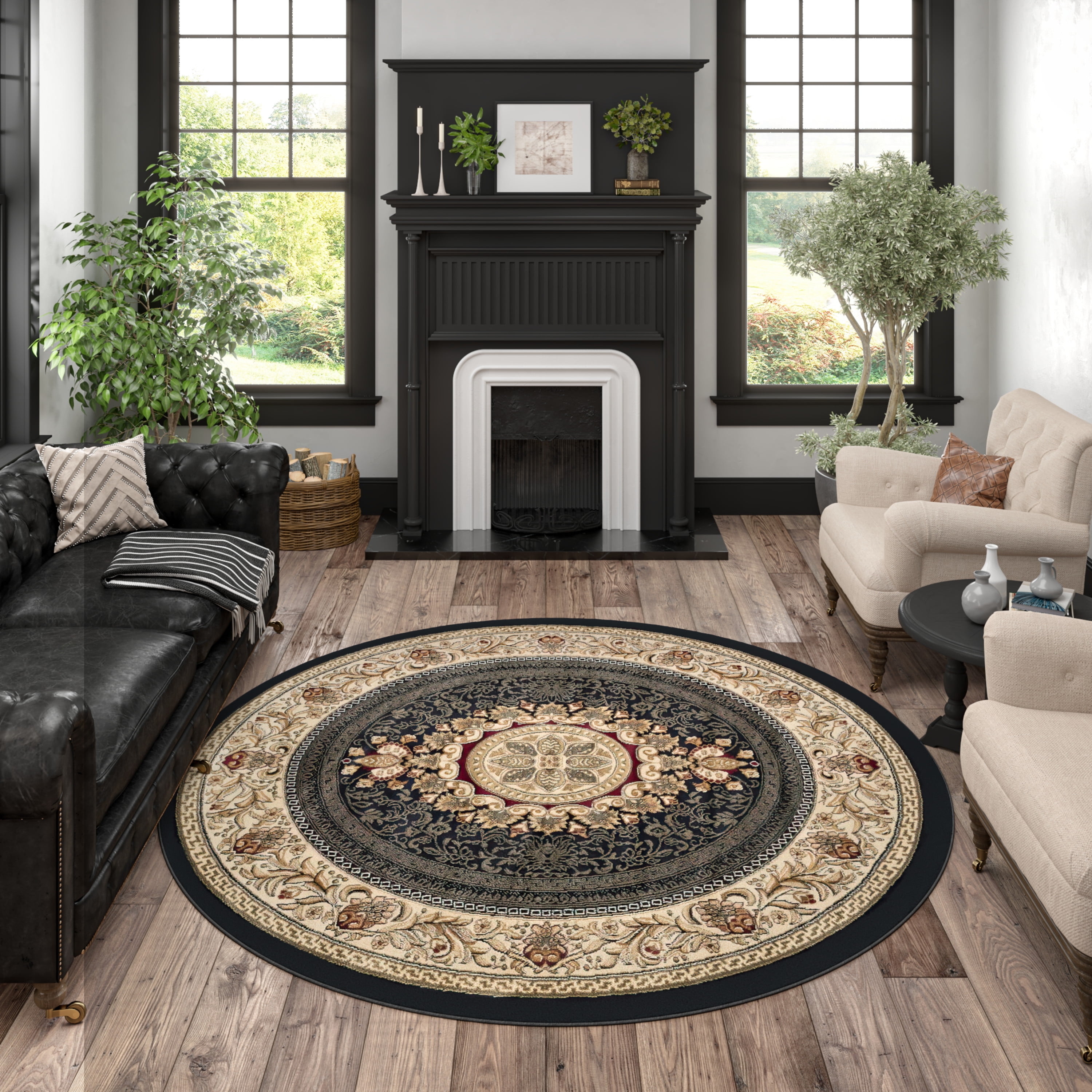 Sensation Traditional 5' Round Black and Beige Polypropylene Indoor Area Rug