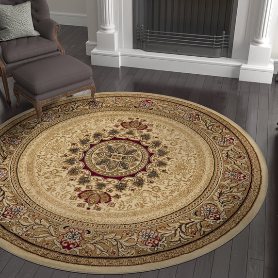 Sensation Traditional 5' Round Ivory and Scarlet Polypropylene Indoor Area Rug