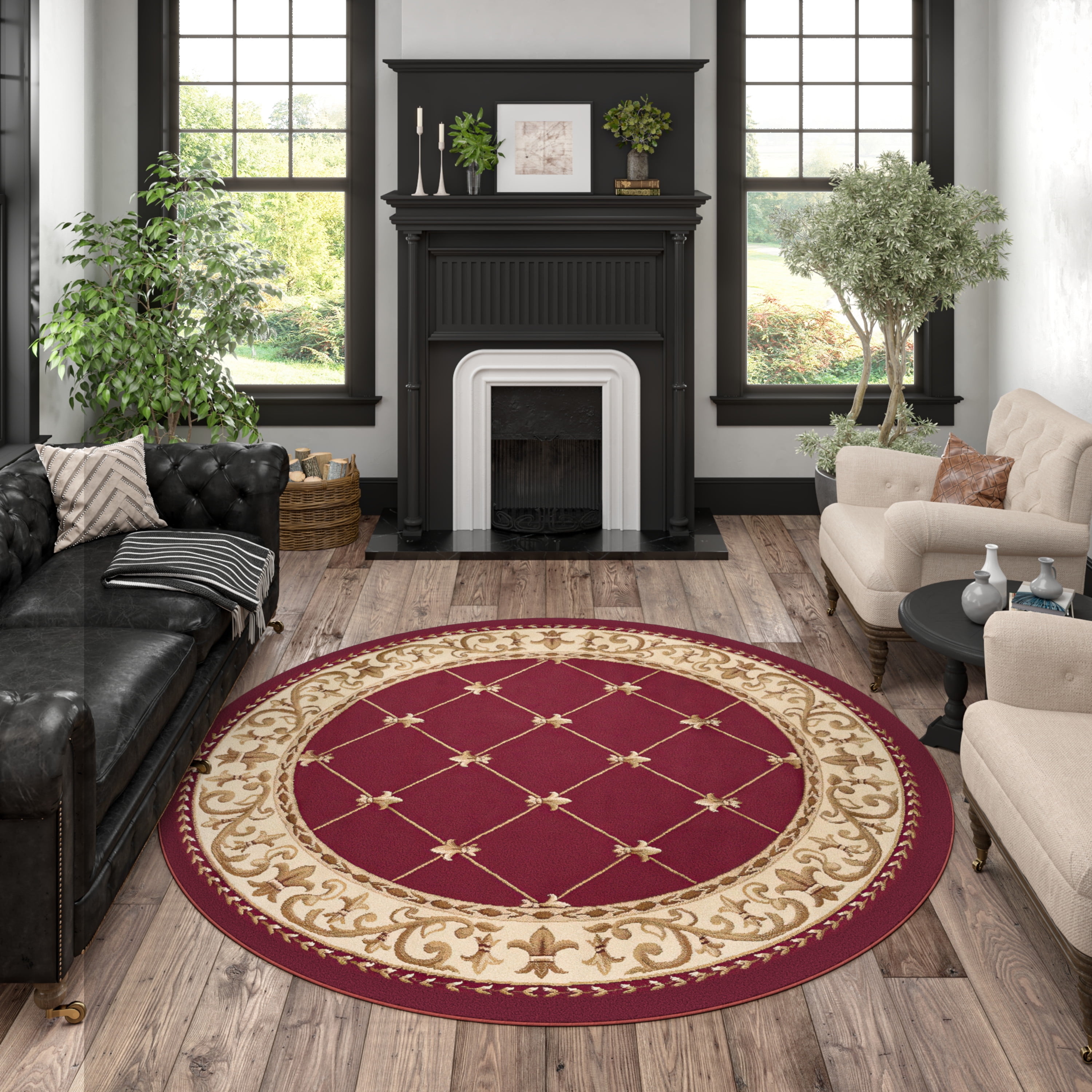 Sensation Traditional 5' Round Red and Beige Polypropylene Indoor Area Rug