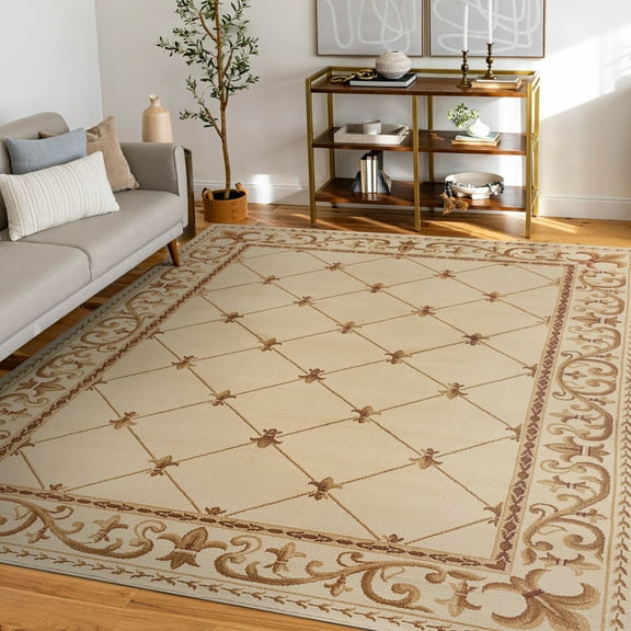 Sensation Traditional 5' x 7' Ivory and Beige Polypropylene Indoor Area Rug
