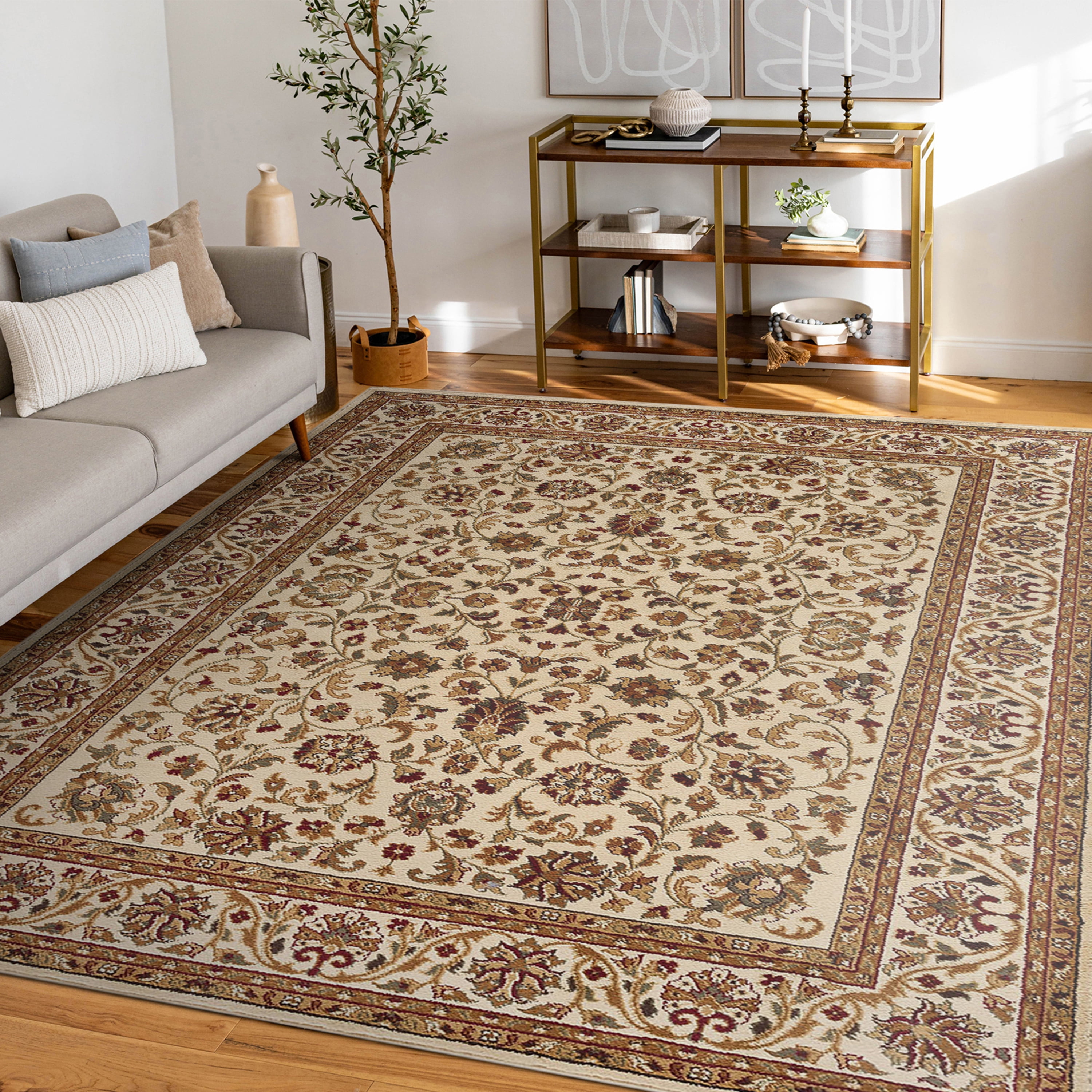 Sensation Traditional 5' x 7' Ivory and Moss Green Polypropylene Indoor Area Rug