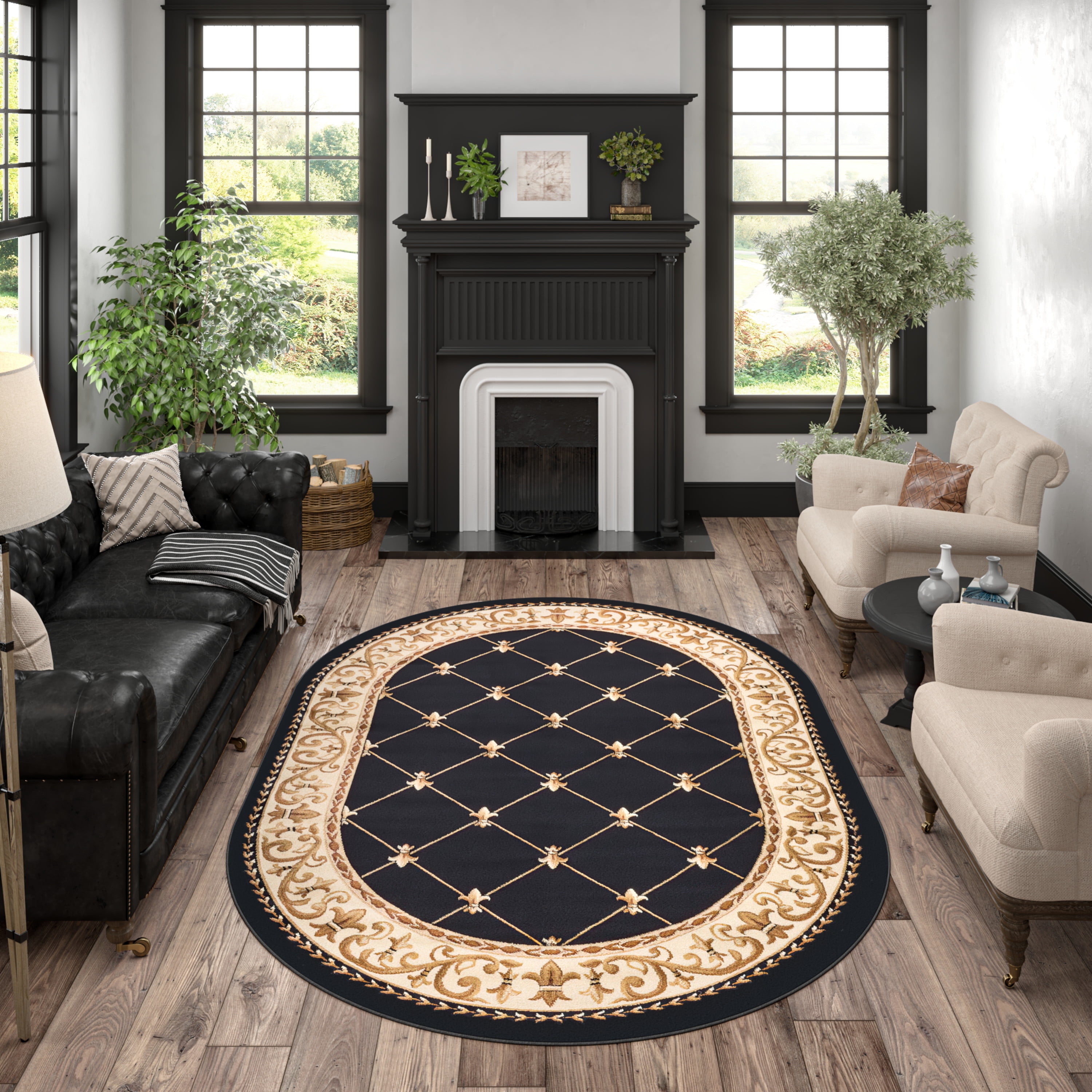 Sensation Traditional 5' x 7' Oval Black and Beige Polypropylene Indoor Area Rug