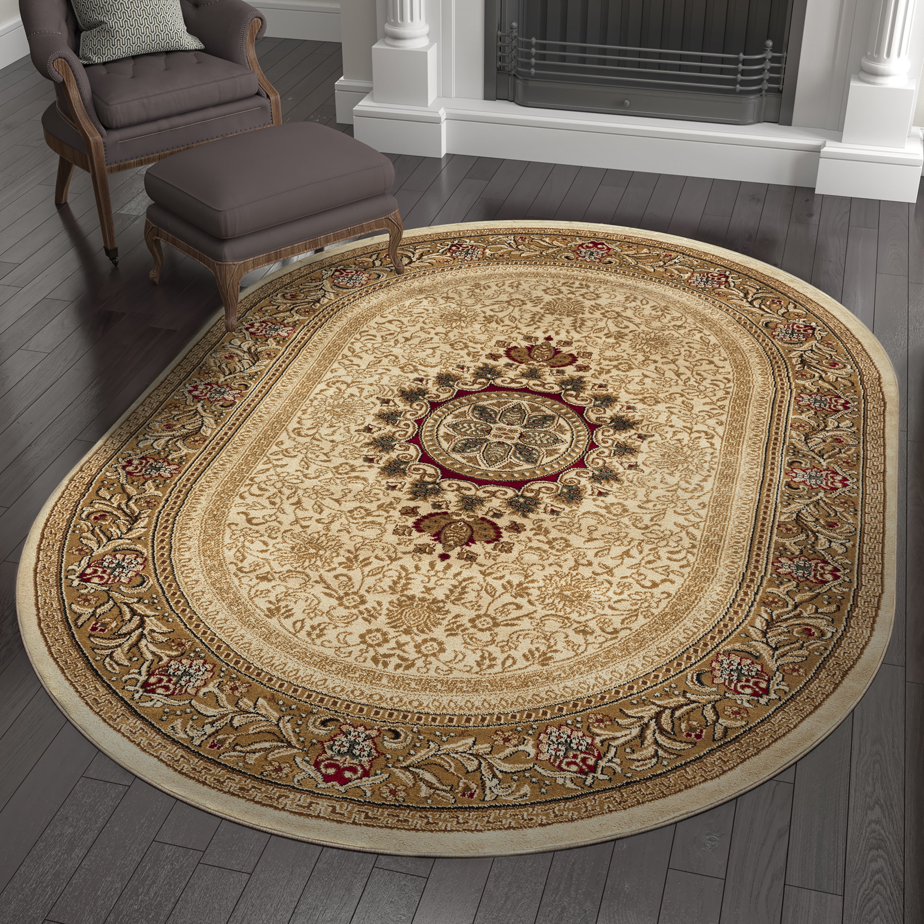 Sensation Traditional 5' x 7' Oval Ivory and Scarlet Polypropylene Indoor Area Rug
