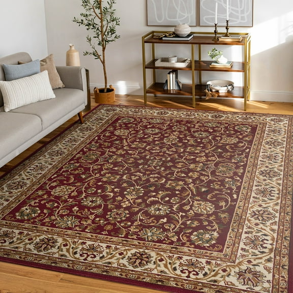 Sensation Traditional 5' x 7' Red and Beige Polypropylene Indoor Area Rug