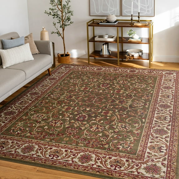 Sensation Traditional 6.7' x 9.6' Green and Beige Polypropylene Indoor Area Rug